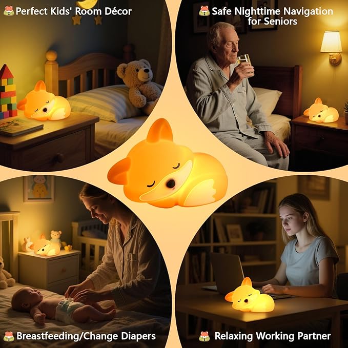 Cute Fox Lamp, Fox Night Light for Kids, Squishy Rechargeable Dimmable Toy, Baby Nursrery Nightlight, Woodland Animal Décor, Xmas White Elephant Gifts, Touch Light Up Foxes, Safe Silicone