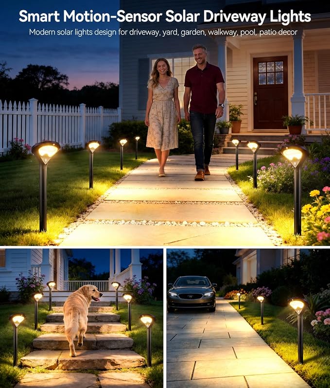 Solar Pathway Lights Outdoor with Motion Sensor, 6 Pack Security Solar Garden Lights, 400LM Bright LEDs, Larger Glass Panel, 3 Modes Waterproof Path Lights for Yard Patio Walkway Driveway