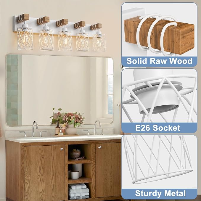 IZORRO Farmhouse Bathroom Vanity Light, 5-Light Wood Bathroom Light Fixtures Over Mirror, Matte White Industrial Vanity Lights with Metal Shade, Rustic Restroom Lighting Fixtures