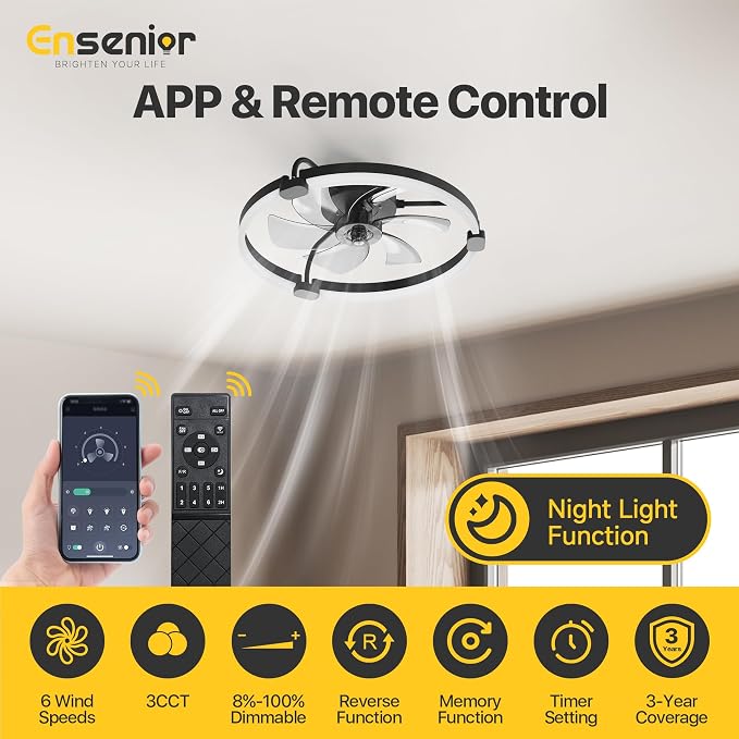 Ensenior 20 Inch Flush Mount Ceiling Fans with Lights, APP Control, Black | Quiet Reversible Motor, Night Light Mode, 6 Speeds, 3CCT, Dimmable, Low Profile, Remote, Memory Function, Timer, Bedroom
