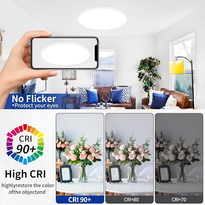 20 inch Dimmable Led Flush Mount Ceiling Light Fixture with Remote Control | 48W 4800LM, Ultra Thin, Modern, Round, White Large Ceiling Lamp for Kitchen Dining Room Bedroom Living Room Home Office
