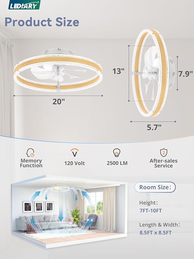 LEDIARY Ceiling Fans with Lights and Remote, 20'' Low Profile Ceiling Fan with Light, 3000-6000K Dimmable Fandelier Ceiling Fans, Modern Flush Mount Fan Light for Bedroom with 6 Wind Speeds-Wood Grain | 3000-6000K Dimmable LED, 6 Wind Speeds, Quiet Rev...
