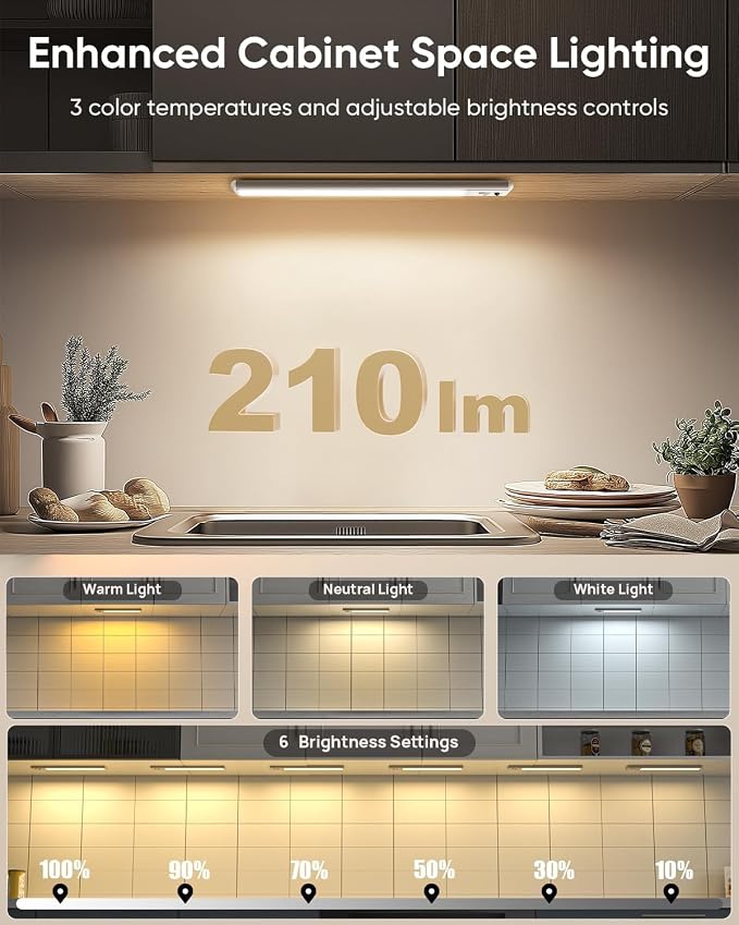 10inch Under Cabinet Lighting Wireless, LED Rechargeable Motion Sensor Light Indoor, Closet Lights with Remote, 3 Color Temps, Dimmable, Magnetic Under Counter Light for Kitchen, Stair, 4 Pack