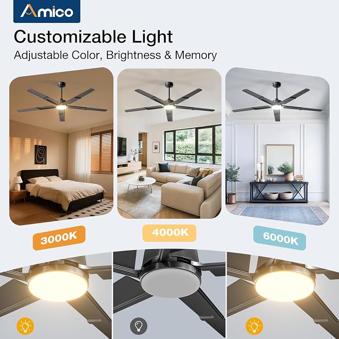 Amico 62 Inch Ceiling Fans with Lights and Remote, Black | 6 Speed Reversible DC Motor, 3CCT, Dimmable, Quiet, Timer, Large Modern Ceiling Fan for Living room, Indoor/Outdoor