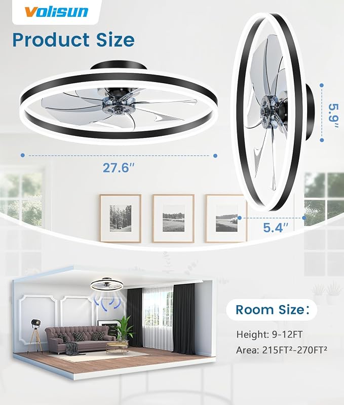 VOLISUN Low Profile Ceiling Fans with Lights and Remote, 27.6in Flush Mount Ceiling Fans with Light, 3000K-6500K Dimmable Fandelier LED Fan Light, Black Bladeless Ceiling Fans with Lights for Bedroom