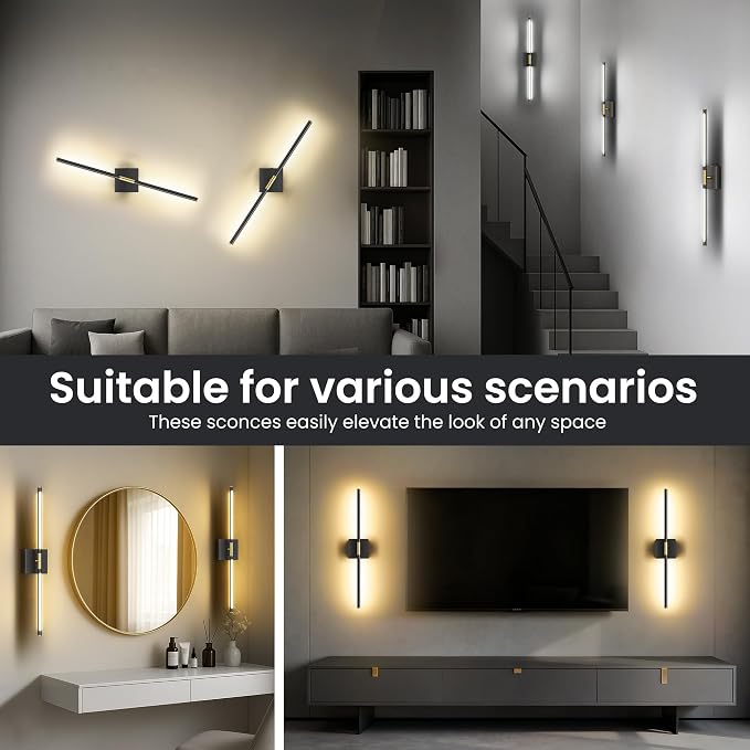 10000mAh Battery Operated Wall Sconces Set of 2, Black Gold, 29 Inch, 3CCT | Renter Friendly, Rechargeable Wall Lights, Remote Control, 360° Rotate, Dimmable, LED Cordless Lights for Bedroom Living Room