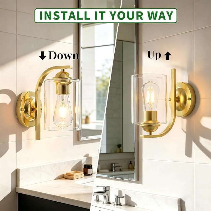 2-Pack Wall Sconces Lights Lamp for Bedroom Bathroom, Modern Vanity Light Fixtures, Gold Farmhouse Wall Mount Lighting Lanterns with Clear Glass Shade for Living Room Mirror Hallway Kitchen