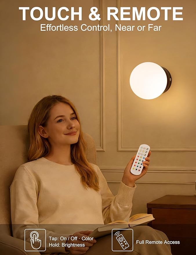 Battery Operated Rechargeable Wall Sconce Single, Matte Black Opal Glass Globe Wall Lamp, Wireless Touch & Remote Control, Dimmable 3 CCT + 12 RGB Colors for Bedroom Living Room Hallway