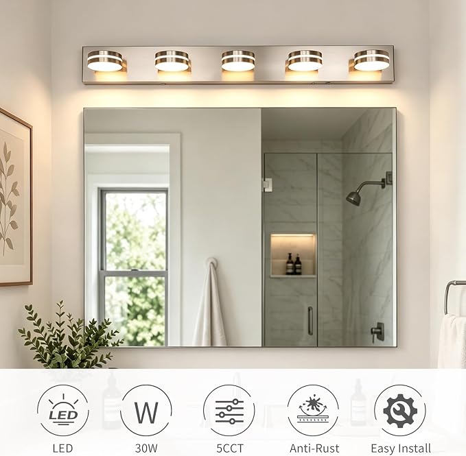 Brushed Nickel Bathroom Light Fixtures Over Mirror, 5-Light | LED Dimmable Bath Lights, Modern Wall Mounted Lighting Fixture with Rotating Lamp Head, Acrylic Metal, 5CCT 40.55in
