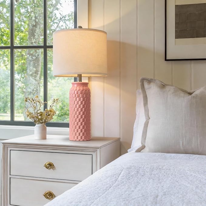 USumkky 27" Ceramic Table Lamps Set of 2 - Modern Farmhouse & Boho Style, Bedside Nightstand Lamps for Bedroom, Living Room End Table Lamps, Small Desk Lamp(Pink)
