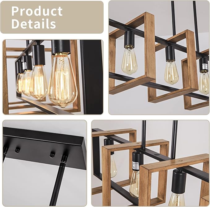 Dining Room Light Fixture Farmhouse Pendant Lights Kitchen Island Rustic Kitchen Light Fixtures 4 Lights Wood and Black Metal Rectangular Chandelier Ceiling Hanging Lighting 35.4"