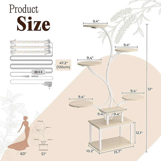 51 Inch Plant Stand with Grow Lights, 8 Tiered Indoor Plant Shelf | Corner Plant Rack with Larger Flower Holder, Curved-tubed Design, 3 Light Modes, for Living Room, White
