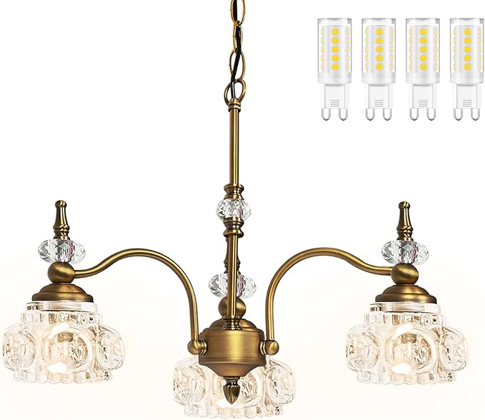 Montex Vintage Brass Pendant Light,Gold Vintage Chandelier Light Fixture 3 Lights,Include 4 Light Bulbs Glass Pendant Light Crystal Hanging Light