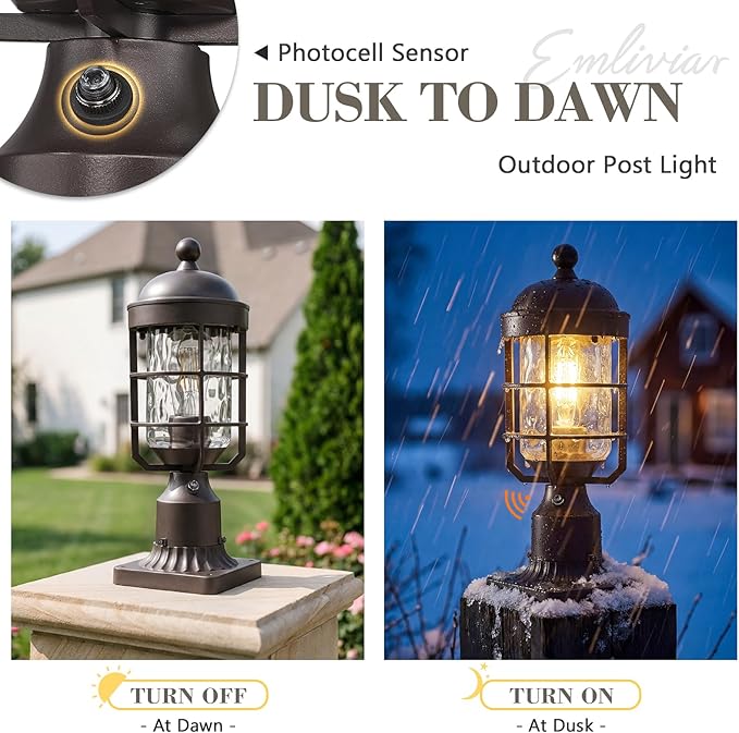 Emliviar Oil Rubbed Bronze 14" Outdoor Lamp Post Lighting with Photocell Sensor, Water Ripple Glass Modern Post Lantern for Yard, Dusk to Dawn Pole Light, GE255P-L-PC ORB-WG