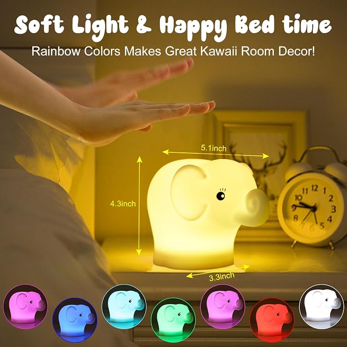 Elephant Night Light for Kids, Baby Nursery NightLight for Breastfeeding | New Born Baby Essentials Must Haves, BPA Free Silicone Night Lamp, Dimmable Nightlight, Rechargeable Light for Kids Adult