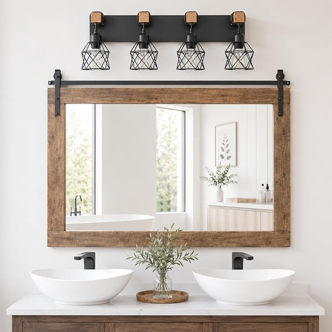 Farmhouse Vanity Light Fixture,4-Light Bathroom Lighting,Black Industrial Wood Wall Light Over Mirror with Metal Shade,LED Bulbs Not Included