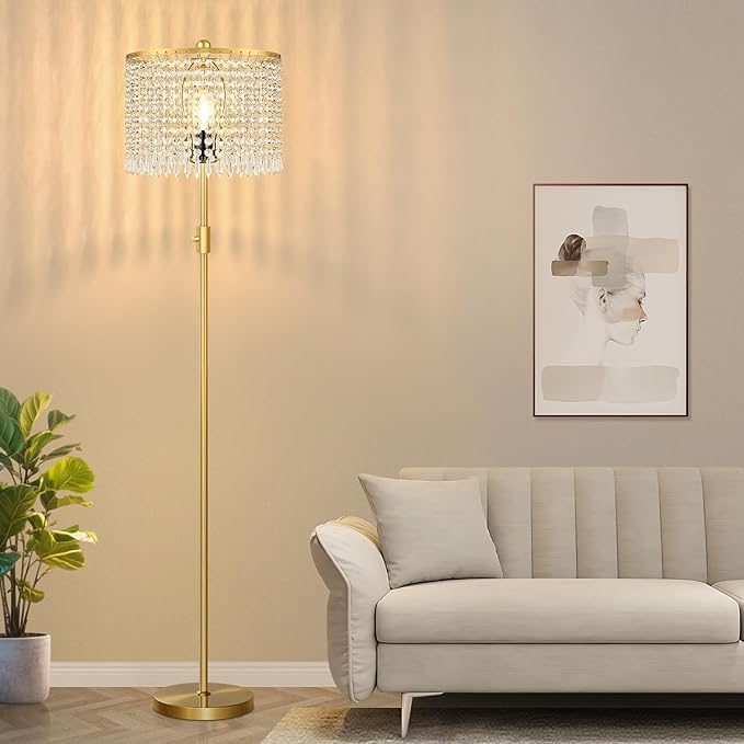 【Upgraded】 Dimmable Crystal Floor Lamps for Living Room, 1000LM LED Bulb Included, Standing Lamp with Knob Switch, Tall Gold Pole Light for Bedroom Nursery Office Corner Reading