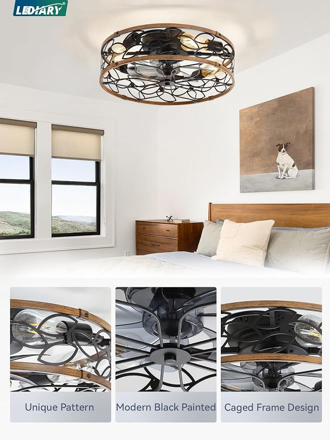 LEDIARY 20" Caged Ceiling Fan with Light, Flush Mount Fandalier with Remote | Low Profile, Farmhouse Small, Bladeless Industrial, Quiet DC Motor, App Control for Bedroom, Kitchen, Dining Room, Walnut