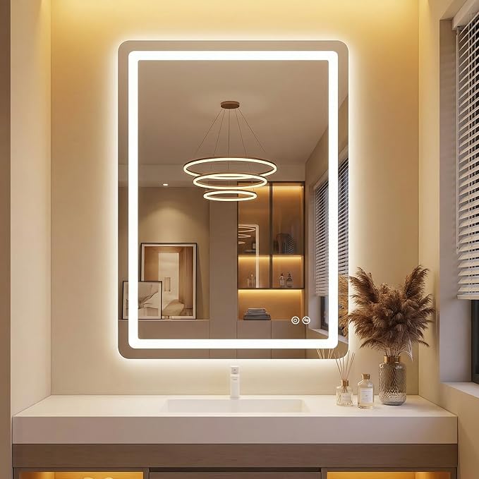 LED Bathroom Mirror with Lights, 24 x 36 Lighted Vanity Wall Mirror | Backlit and Frontlit, Anti-Fog, Dimmable 3 Colors, Shatter-Proof Tempered Glass, Memory Function, Plug-in/Hardwired