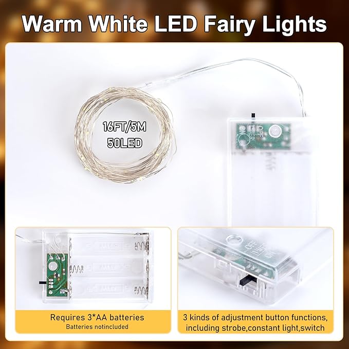 Fairy Lights Battery Operated String Lights 16.4ft 50LED Flashing and Constant Light Waterproof Silver Wire for Christmas DIY Party Wedding Decoration (Warm White, 8 Pack)