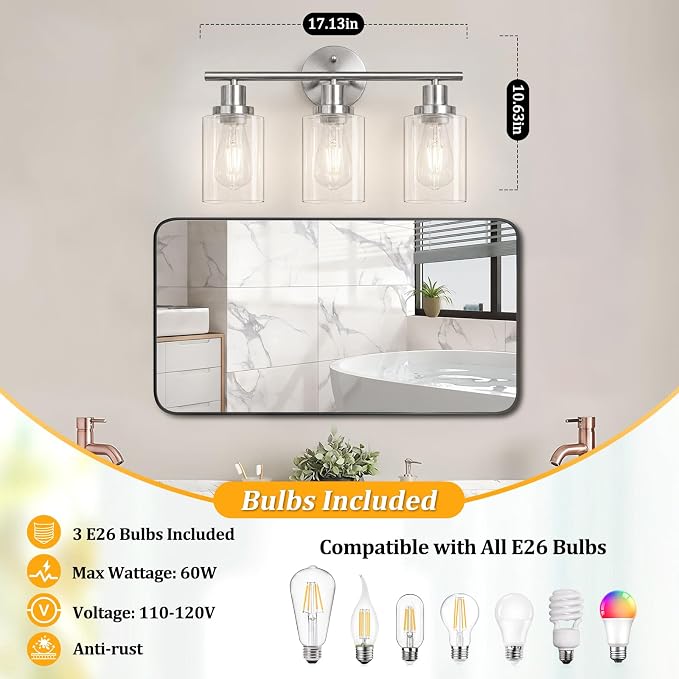 Modern Bathroom Light Fixtures, 3 Light Vanity Lights with E26 Bulbs, Brushed Nickel Wall Lamp with Clear Glass for Mirror Living Room Hallway Cabinet Porch