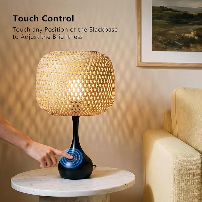 ONEWISH Touch Bedside Lamp for Bedroom, 3-Way Dimmable Table Lamps for Nightstand, Handwoven Bamboo Shade Desk Lamp for Living Room, Home Office