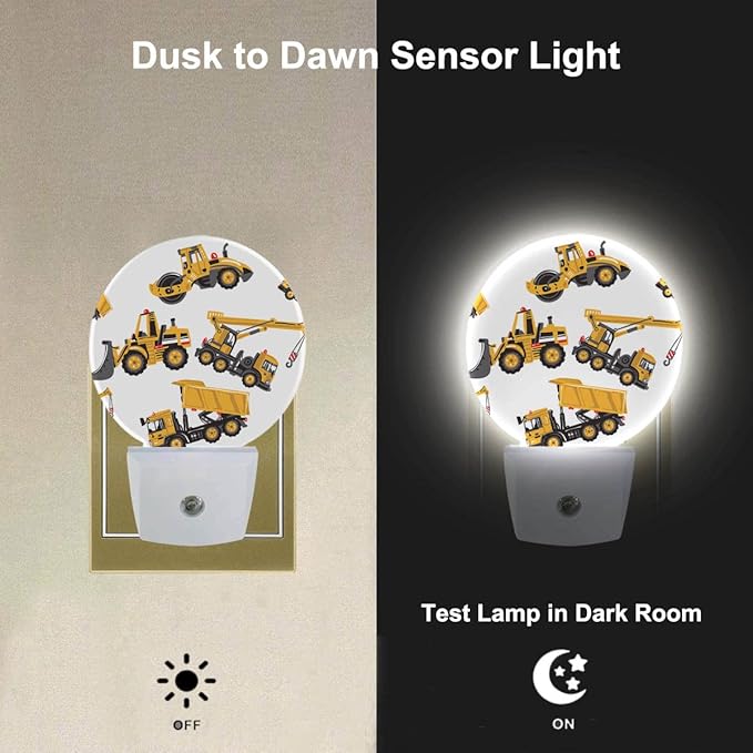 EKOBLA Yellow Cartoon Trucks Night Light Excavator Bulldozer Loader Building Machine Night Lights Plug into Wall for Teen Boys Bathroom Bedroom 0.5W Sleep Friendly
