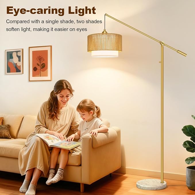 【Upgraded】Arc Floor Lamp for Living Room, Boho Dimmable Swing Arm Floor Lamp with Rattan & Fabric Shades, Gold Rattan Standing Lamp with Marble Base, Farmhouse Adjustable Tall Lamp for Bedroom Office