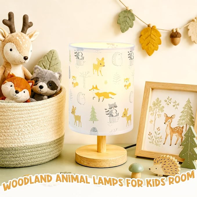 Animal Table Lamp for Bedroom Kids Bedside Lamp with Linen Wooden Nightstand Cartoon Nursery Lampshade for Boys Girls Room Decor