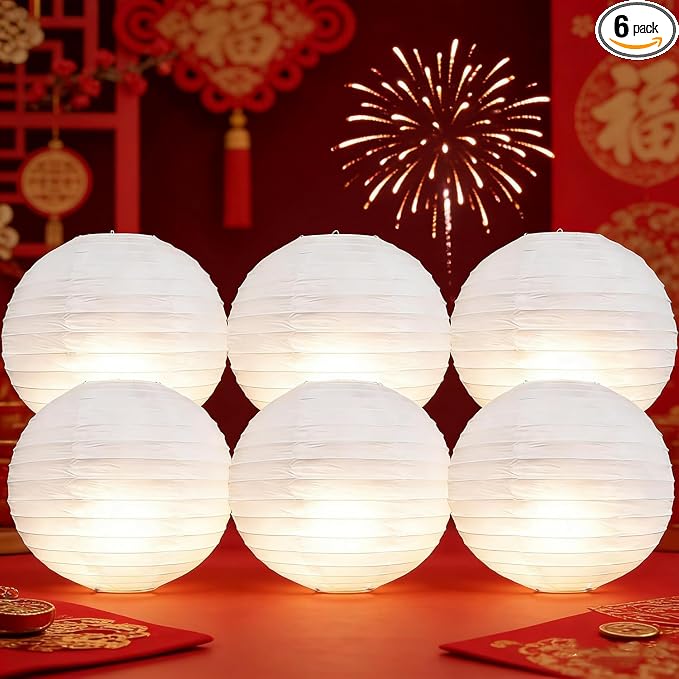 6PCS Paper Lanterns 12 inch with LED Lights White Round Derorative Hanging Paper Lanterns Reusable Lamp for DIY Craft Wedding Dinner Birthday Party Decoration