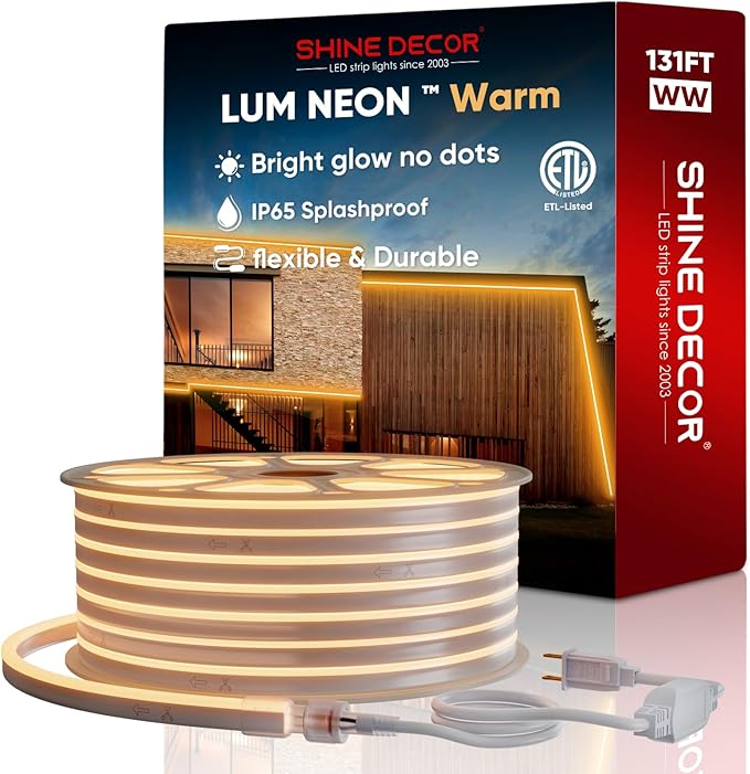 LED Neon Rope Lights AC 120V, Expandable & Cuttable 120LEDs/M Bright Strip Lighting, ETL Cold-Resistant & IP65 Waterproof for Indoor Outdoor, 8x16mm, 2500K Warm White, 131.2ft