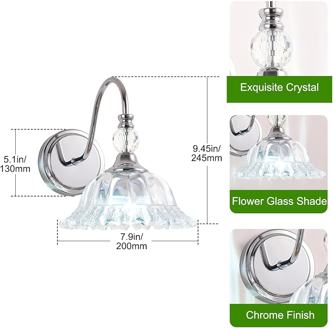 Bathroom Vanity Light Fixtures Single-Head Wall Sconces Lighting with Floral Crystal Glass Shade Chrome Wall Lights for Bathroom,Bedroom,Hallway,Bedside(Bulbs Not Included)