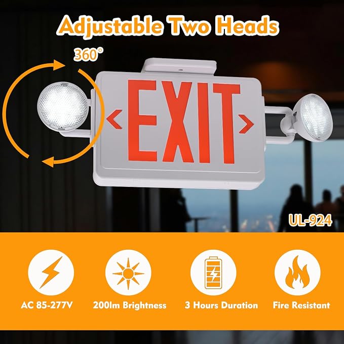 Emergency Exit Sign with Lights Battery backup, 200lm 3Hours Plug in Red Exit Signs with Emergency Lights for Business, Battery Operated,UL 924 AC85-277V