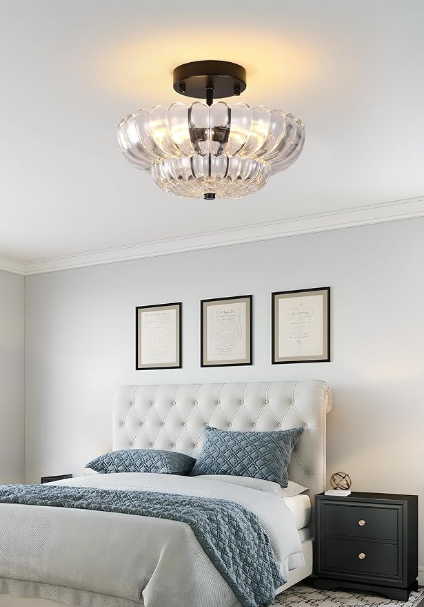 Semi Flush Mount Ceiling Light, Vintage Black Close to Ceiling Light Fixture with Glass Shade, Mid Century Modern Lighting for Bedroom Hallway Kitchen Laundry-Clear