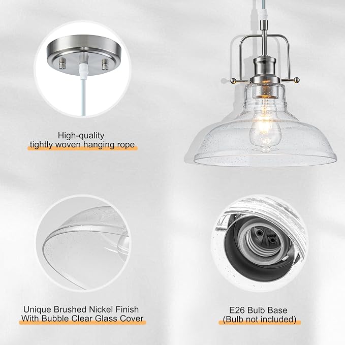 WILON Seeded Glass Modern Pendant Light for Kitchen, Brushed Nickel | 11'' Seeded Glass Shade, Adjustable Height, E26 Ceramic Socket, 60W MAX, Modern Style for Dining Room Kitchen Over Sink