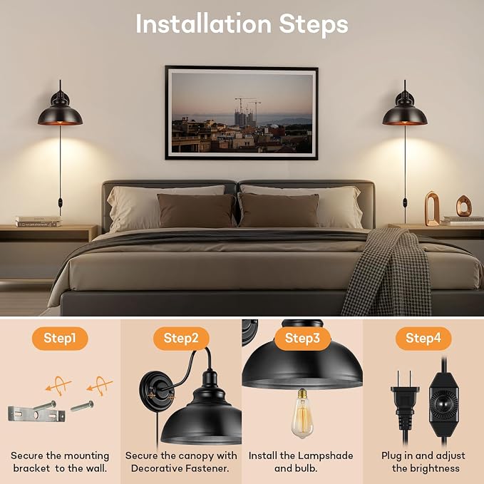 Lightess Plug in Wall Sconce with Dimmable Switch Black Barn Wall Lamp | Flexible Gooseneck Plug In Dimmable Wall Light Rustic Industrial Farmhouse Style For Multiple Indoor Home Decor Spaces