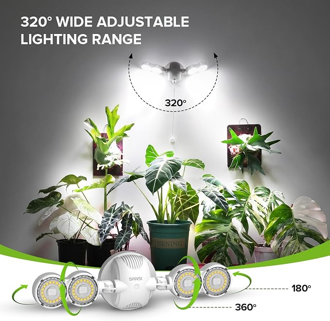 SANSI Wall Mounted Grow Light, 30W Dual Head Full Spectrum with Remote | Programmable Timer, 4-Level Dimmable Brightness, 320° Wide Coverage, 4000K Natural Light, IP54 Waterproof, for Indoor Plants