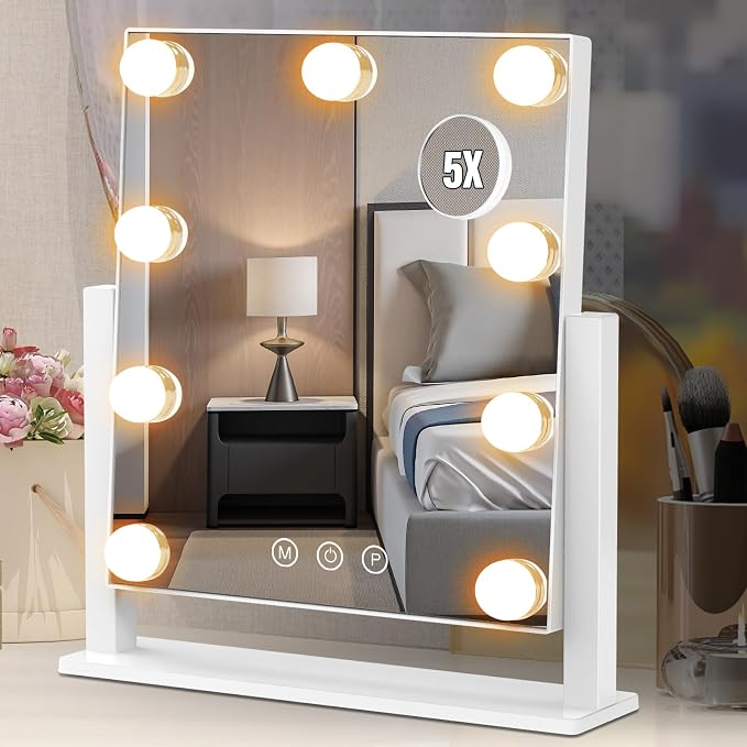 Dirket Vanity Mirror with Lights, Hollywood Lighted Makeup Mirror with 3 Color Lighting Modes and 9 Dimmable Bulbs, Detachable 5X Magnification, Smart Touch Control, 360°Rotation, White