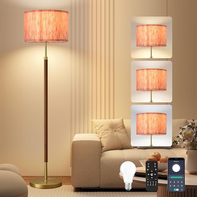 Wood Floor Lamp with 3 Color Temperatures,Vintage Floor Lamp with Remote Control,Dimmable Farmhouse Floor Lamp Mid Century Modern Standing Lamp Farmhouse Tall Pole Lamp for Living Room Bedroom