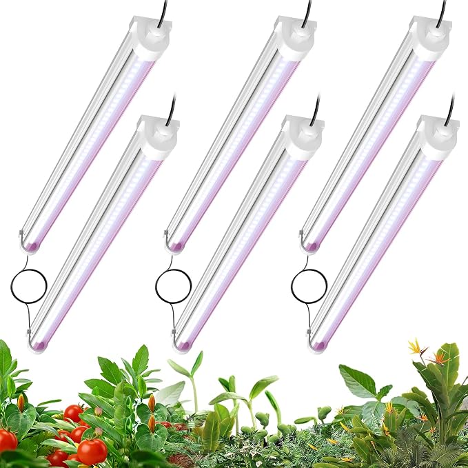 JESLED Waterproof T8 Grow Lights, 2FT Full Spectrum Pinkish White, 6Packs | 144W(6 X 24W)900W Equivalent, V-Shaped Beam, On/Off Switch, Linkable Plant Light Strip for Greenhouse, Shelf, Indoor Outdoor