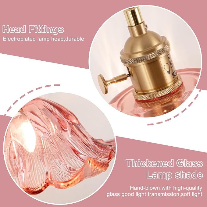 Plug in Pendant Light Fixtures,Hanging Light Fixture Corded On/Off Switch,11 inch E26 Pink Glass Lampshade Pendant Lighting for Kitchen Island, Bedroom, Dining Room