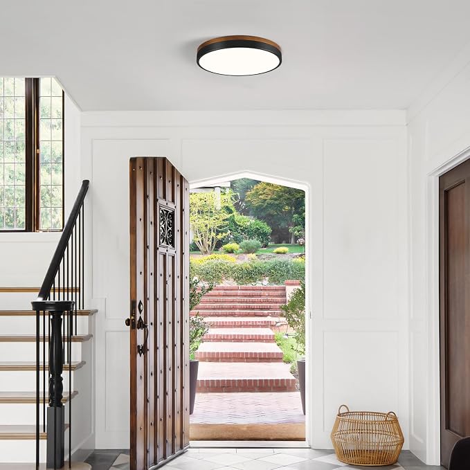 Modern Walnut Wood Black Flush Mount Ceiling Light 11.81 Inch | Round LED Low Profile Lighting Fixture For Kitchen Bedroom Bathroom Laundry Hallway Entryway Closet Living Room