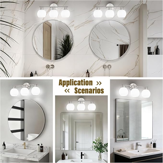 Brushed Nickel Bathroom Light Fixtures, 3-Light Vanity Light Over Mirror | Modern Bathroom Lighting Over Mirror, Wall Sconces, Milky White Globe Glass Shades, E26 Socket,ETL Listed