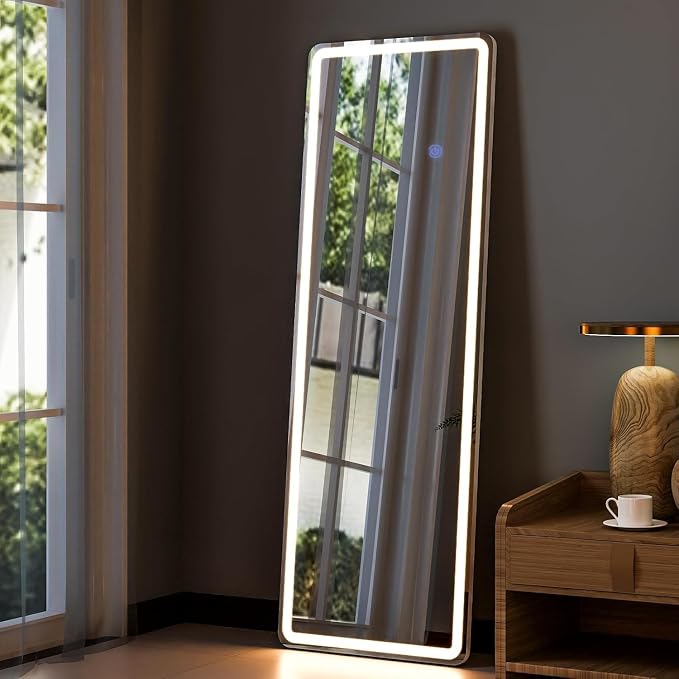 64x21 Lighted Full Body Mirror, Wall Mounted Mirror with 3 Color Lights | Floor Body Mirror with Stand, Hanging Mounted Design with Dimming for Dressing Room, Bedroom, Cloakroom and Daily Checks