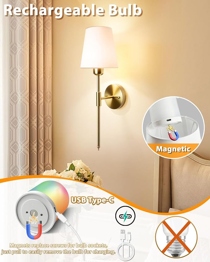 Adetu Battery Operated Wall Sconce Set of 2, Gold Wireless Battery Wall Lights