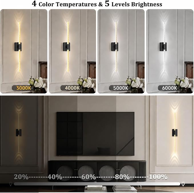 Crystal Bubble Wall Sconces Set of 2, Black 10000mAh Rechargeable | Wireless Lights with Remote & 360° Rotate, 4 Color Temps Dimmable, 31.5" Wall Lamp for Bedroom Living Room Mirror