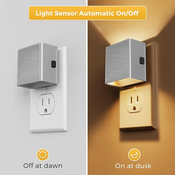L LOHAS LED Night Light,Night Lights Plug into Wall,[2-Pack] | Dimmable Night Light with Light Sensor,3000K Warm White,Silver Nightlight for Bathroom Hallway Kitchen