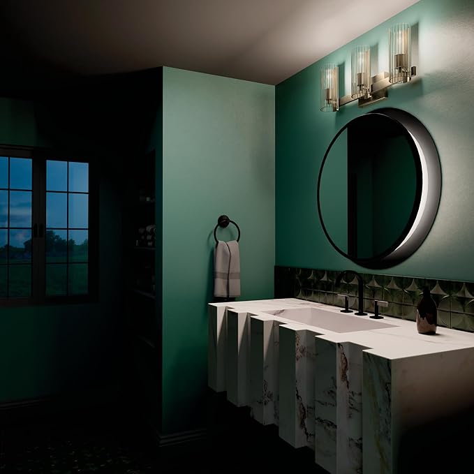Kichler Jemsa 3 Light Vanity, Modern Light with Clear Fluted Glass in Champagne Bronze for Bathroom or Powder Room (9.75" x 22.75"), 55168CPZ