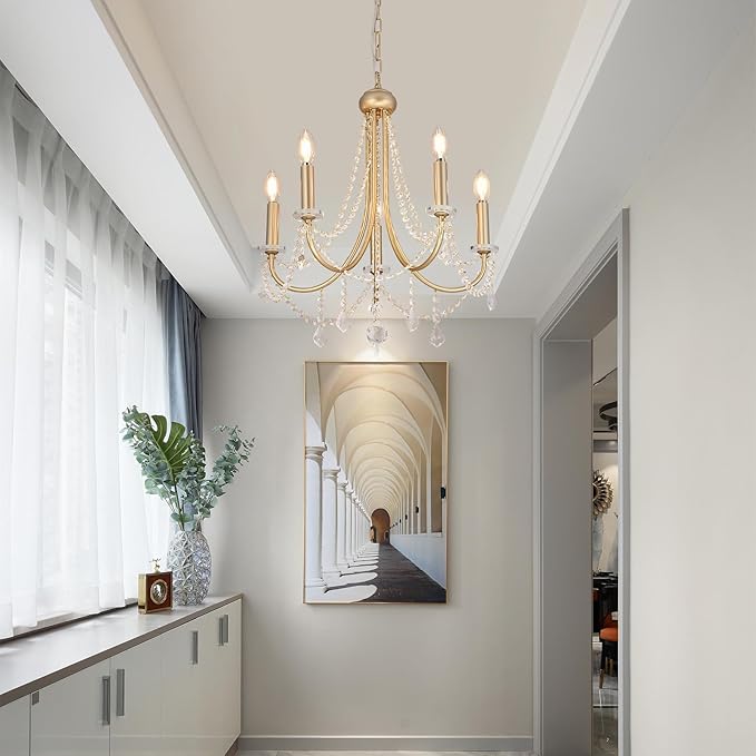 5-Light Farmhouse Chandelier with Crystal Accents, Gold Candle-Style Adjustable Pendant Light for Dining Table, Bedroom, Entryway, Living Room, Kitchen Island, Rustic Modern Ceiling Fixture