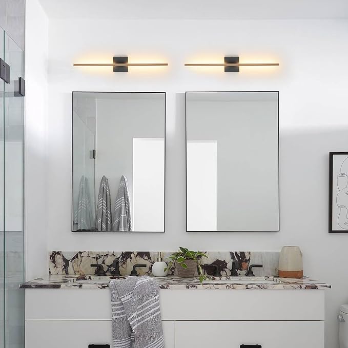 KUZZULL Modern Light Fixture Set of Two 27.8x4.3x3.4in Black and Brass Gold Sconces 1200Lm LED Wall Lights for Bathroom, Living Room, Corridor